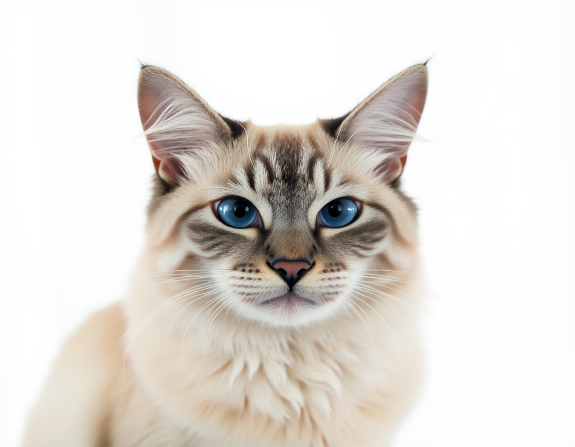 Close-up portrait of cat on a white background, with its alert expression and intricate details of its fur and whiskers in sharp focus.